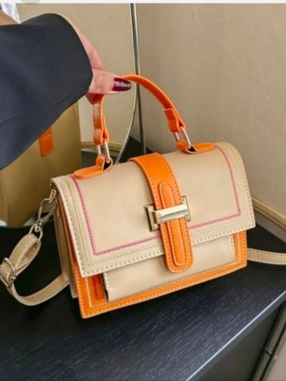 Trendy Cream and Orange Pu Leather Top-Handle Multi-layer Satchel Crossbody Bag